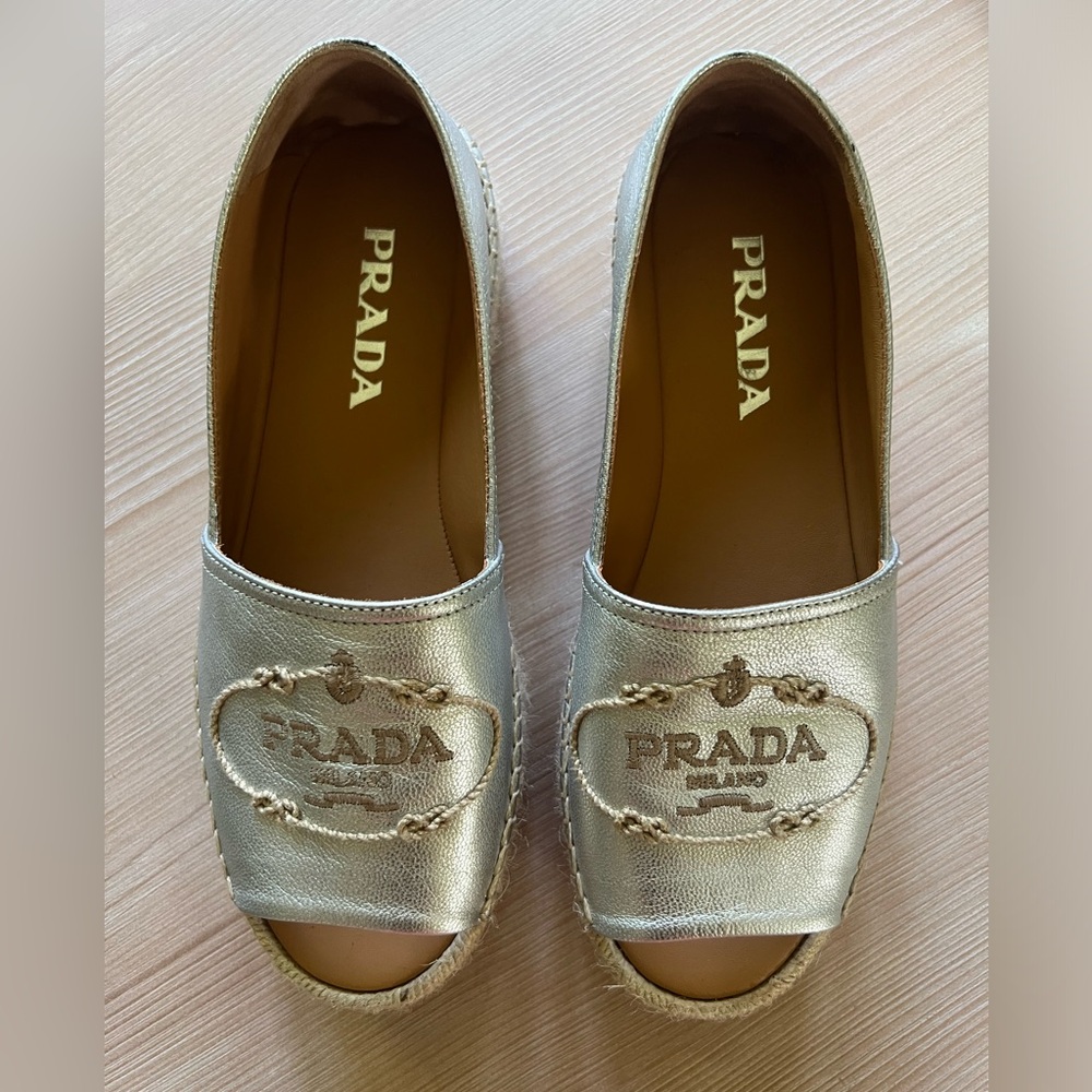 Prada Logo Open Toe Platform Espadrilles